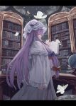  1girl book bookshelf bug butterfly crescent_moon dome globe hair_ribbon hat letterboxed library long_hair looking_back mob_cap moon night night_sky ookashippo patchouli_knowledge purple_eyes purple_hair ribbon sky solo touhou 