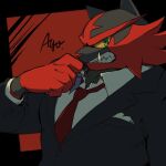  ayo_(ayosanri009) black_jacket claws clothed_pokemon collared_shirt colored_sclera commentary_request green_eyes hand_up incineroar jacket looking_at_viewer necktie pokemon pokemon_(creature) red_necktie sharp_teeth shirt signature solo teeth upper_body white_shirt yellow_sclera 