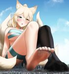  barefoot bikini black_legwear blonde_hair breasts city cityscape colored_skin copyright_request crushing day destruction feet ground_vehicle highres open_mouth orange_eyes rakia_(ds00309) socks swimsuit thighs train turquoise_eyes white_skin yellow_eyes 