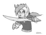  2011 action_pose ambris anthro canid clothed clothing female fully_clothed hair looking_at_viewer mammal monochrome ponytail pose sheya_(ambris) solo warrior weapon 