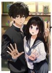  1boy 1girl anniversary bangs black_hair black_jacket black_sailor_collar black_skirt blurry blurry_background body_writing border brown_hair chair chitanda_eru curtains hair_between_eyes happy highres holding holding_pen hyouka indoors jacket long_hair long_sleeves looking_at_viewer mery_(yangmalgage) neckerchief open_mouth oreki_houtarou outside_border pen pleated_skirt purple_neckerchief sailor_collar school_uniform short_hair signature skirt smile table teeth translated upper_teeth white_border window 