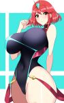  1girl bangs black_swimsuit breasts chest_jewel covered_navel headpiece hifumi_hajime highleg highres large_breasts pyra_(pro_swimmer)_(xenoblade) pyra_(xenoblade) red_eyes red_hair red_swimsuit ribbed_swimsuit short_hair solo strapless strapless_swimsuit swept_bangs swimsuit tiara two-tone_swimsuit xenoblade_chronicles_(series) xenoblade_chronicles_2 