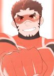  akashi_(live-a-hero) blush bodysuit clothing facial_hair first_person_view fist_bump gesture grin hair hi_res human human_only lifewonders live-a-hero male mammal not_furry one_konta1123 red_hair skinsuit smile spandex superhero tight_clothing video_games visor 
