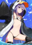  1girl absurdres animal_hood bangs bare_shoulders bikini black_bikini black_jacket blue_bow blue_eyes blush bow breasts collarbone fate/grand_order fate_(series) flat_chest highres hood hood_up jacket long_hair long_sleeves looking_at_viewer meltryllis_(fate) meltryllis_(swimsuit_lancer)_(fate) meltryllis_(swimsuit_lancer)_(first_ascension)_(fate) micro_bikini penguin_hood purple_hair pyonsan sleeves_past_fingers sleeves_past_wrists smile solo swimsuit very_long_hair wet 