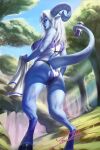  2:3 blizzard_entertainment blue_body blue_eyes blue_lips blue_skin bodily_fluids bra breasts butt clothing draenei female hair hi_res hooves horn humanoid humanoid_pointy_ears lips looking_back mammal panties solo sports_bra sweat underwear video_games warcraft white_hair yonpii 