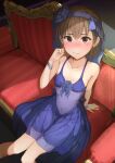  1girl bangs blush breasts brown_eyes brown_hair collarbone couch dress eyebrows_visible_through_hair hair_between_eyes highres k3rd looking_at_viewer misaka_mikoto navel purple_dress see-through_dress short_hair sitting small_breasts solo toaru_kagaku_no_railgun toaru_majutsu_no_index 