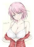  1girl alternate_costume bra breasts cleavage gakky giuseppe_garibaldi_(kancolle) jacket kantai_collection large_breasts looking_at_viewer one-hour_drawing_challenge open_clothes open_jacket pink_eyes pink_hair red_jacket short_hair simple_background solo underwear upper_body white_background white_bra 