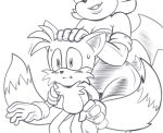  2_tails anthro blush bodily_fluids breasts canid canine chiropteran cleavage clothed clothing duo female fox head_rub hi_res hyoumaru male male/female mammal miles_prower monochrome motion_lines multi_tail rouge_the_bat sega sonic_the_hedgehog_(series) sweat wings 