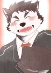  anthro blush brown_body brown_fur canid canine canis clothing dog_operator domestic_dog eyes_closed first_person_view fist_bump fur gesture hi_res lifewonders live-a-hero male mammal necktie one_konta1123 protagonist_(live-a-hero) smile suit video_games 