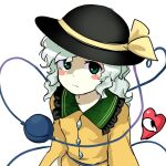  1girl black_headwear blush buttons closed_mouth collared_shirt diamond_button eyeball frilled_shirt_collar frills green_eyes hat hat_ribbon heart heart_of_string himuhino komeiji_koishi light_green_hair long_sleeves looking_at_viewer meme no_bitches?_(meme) parody ribbon shirt simple_background sun_hat third_eye touhou wavy_hair white_background wide_sleeves yellow_ribbon yellow_shirt zun_(style) 