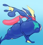 2022 action_pose ambiguous_gender amphibian anthro big_butt biped butt digital_media_(artwork) greninja hi_res long_tongue looking_back mammal nintendo nude pok&eacute;mon pok&eacute;mon_(species) pose rear_view simple_background solo starreuges thick_thighs tongue tongue_out video_games wide_hips 