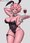  1girl :p animal_ears ashido_mina black_leotard black_sclera boku_no_hero_academia breasts cleavage colored_sclera colored_skin commentary cowboy_shot cup detached_collar drinking_glass grey_background highres holding holding_plate lentiyay leotard mole mole_on_breast pink_hair pink_skin plate playboy_bunny rabbit_ears rabbit_tail short_hair simple_background solo tail tongue tongue_out wine_glass wrist_cuffs 