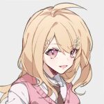  1girl ahoge akamatsu_kaede bangs blonde_hair breasts brown_necktie chinese_commentary collared_shirt commentary_request danganronpa_(series) danganronpa_v3:_killing_harmony eyebrows_visible_through_hair grey_background hair_ornament long_hair looking_at_viewer musical_note_hair_ornament necktie open_mouth pink_eyes pink_vest shirt simple_background sketch smile solo sweater_vest vest white_shirt yusa_(yusa0751) 