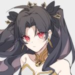  1girl bangs bare_shoulders black_bow black_hair bow breasts chinese_commentary closed_mouth commentary_request earrings fate/grand_order fate_(series) grey_background hair_bow hoop_earrings ishtar_(fate) jewelry long_hair looking_at_viewer portrait red_eyes simple_background sketch solo two_side_up yusa_(yusa0751) 