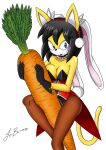  2018 absurd_res anthro black_hair black_nose blue_eyes breasts bunny_costume carrot clothing costume digital_media_(artwork) domestic_cat fake_ears fake_rabbit_ears felid feline felis female food fur gloves hair handwear hi_res honey_the_cat legwear looking_at_viewer mammal mrthunderigor00 open_mouth pantyhose plant sega signature simple_background solo sonic_the_fighters sonic_the_hedgehog_(series) tongue vegetable white_background white_body white_fur yellow_body yellow_fur 