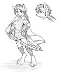  2011 ambris anthro canid cape clothed clothing fantasy female fully_clothed hair looking_at_viewer mammal melee_weapon model_sheet monochrome ponytail sheya_(ambris) solo sword tunic warrior weapon 