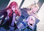 3girls armor blonde_hair blue_eyes detached_sleeves dress eyebrows_visible_through_hair fairy_knight_gawain_(fate) fairy_knight_lancelot_(fate) fairy_knight_tristan_(fate) fate/grand_order fate_(series) frilled_dress frills hair_ornament highres long_hair looking_up moto_u_toe_say multiple_girls pointy_ears purple_eyes red_dress red_hair silver_hair smile yellow_eyes 