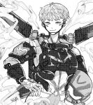  1girl apex_legends bodysuit english_commentary greyscale hand_on_hip headwear_removed helmet helmet_removed highres holding holding_helmet jetpack moku_(user_vhfv2348) monochrome short_hair sketch smile smoke solo valkyrie_(apex_legends) 