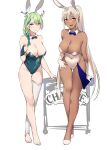  2girls antlers barefoot blonde_hair blue_bow blue_bowtie bow bowtie breasts bridal_gauntlets ceres_fauna dark-skinned_female dark_skin detached_collar feet full_body green_bow green_bowtie green_hair green_leotard hair_ornament hololive hololive_english large_breasts leotard long_hair multicolored_hair multiple_girls nail_polish playboy_bunny sidelocks simple_background single_bridal_gauntlet single_thighhigh strapless strapless_leotard thighhighs toenail_polish toenails toes tsukumo_sana undefined very_long_hair virtual_youtuber white_background white_footwear white_legwear white_leotard yellow_eyes zen_juraku 