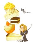  1boy arrow_(symbol) black_cloak black_eyes blonde_hair blush cake cake_slice chibi cloak closed_mouth commentary_request cupcake dated dessert food food_focus forehead fork fruit full_body hair_intakes half-closed_eyes holding holding_fork kinashi kingdom_hearts long_hair long_sleeves looking_up male_focus miniboy nose_blush sidelocks simple_background sleeves_past_fingers sleeves_past_wrists solo standing strawberry translated vexen white_background zipper 
