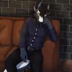  anthro blue_eyes clothed clothing dragon endermoonfur fully_clothed furniture gindrax_landrius hi_res horn iridescent looking_at_viewer male sitting sofa solo spiked_tail spikes spikes_(anatomy) wingless_dragon 