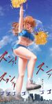  attack blue_shirt blue_skirt breasts brown_eyes cheerleader city cityscape cloud copyright_request crushing destruction fire giant giantess highres large_breasts midriff one_eye_closed open_mouth orange_hair rakia_(ds00309) shirt shoes skirt smile smoke stomping underboob yellow_pom_poms 