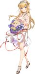  1girl barefoot blonde_hair blush bouquet breasts double_bun dress eyebrows_visible_through_hair fletcher_(kancolle) fletcher_mk_ii_(kancolle) flower full_body hair_ornament hair_ribbon hairband holding holding_bouquet kantai_collection large_breasts long_hair long_sleeves net official_alternate_costume official_art open_mouth pink_flower pink_rose pink_sweater purple_eyes purple_flower purple_rose ribbon rose sandals side_bun skirt smile solo star_(symbol) star_hair_ornament sweater transparent_background veil white_flower white_rose white_skirt yellow_flower yellow_rose zeco 