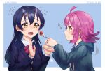  2girls ahoge bangs blue_hair blue_hoodie blunt_bangs blunt_ends feeding food food_on_face fork fruit highres holding holding_food hood hoodie kyaku_tatsu long_hair looking_at_another love_live! love_live!_nijigasaki_high_school_idol_club love_live!_school_idol_project multiple_girls open_mouth otonokizaka_school_uniform pink_hair school_uniform sharing_food short_hair simple_background sonoda_umi strawberry swept_bangs tennouji_rina yellow_eyes 