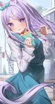  1girl :p absurdres aqua_ribbon bangs commentary_request ear_ribbon eyebrows_visible_through_hair food highres holding holding_food horse_girl horse_tail long_hair long_sleeves looking_at_viewer mejiro_mcqueen_(umamusume) ningen_mame outdoors parted_bangs purple_eyes purple_hair ribbon solo sweets tail tongue tongue_out umamusume white_sleeves 