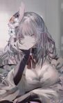  1girl artist_name bangs breasts bridal_gauntlets ceey cleavage closed_mouth flower genshin_impact grey_eyes grey_flower grey_hair hair_flower hair_ornament hand_on_own_cheek hand_on_own_face highres large_breasts long_hair long_sleeves looking_at_viewer mole mole_under_eye neck_ribbon raiden_shogun red_ribbon ribbon solo 