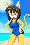  5_fingers anthro beach black_hair black_nose blue_clothing blue_eyes blue_swimwear blush breasts clothed clothing day digital_media_(artwork) domestic_cat fangs felid feline felis female fingers fur hair hi_res honey_the_cat humanoid_hands looking_at_another mammal mrthunderigor00 multicolored_body multicolored_fur navel one-piece_swimsuit open_mouth sand sea seaside sega signature solo sonic_the_fighters sonic_the_hedgehog_(series) sun swimwear tongue two_tone_body two_tone_fur water white_body white_fur yellow_body yellow_fur 