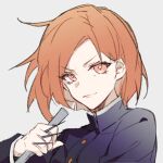  1girl black_jacket buttons chinese_commentary closed_mouth commentary_request gakuran holding holding_weapon jacket jujutsu_kaisen kugisaki_nobara long_sleeves looking_at_viewer nail orange_eyes orange_hair school_uniform short_hair sketch smile solo weapon yusa_(yusa0751) 