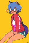  2021 anthro blue_hair brand_new_animal canid canine clothing dipstick_tail female green_eyes hair hi_res jeffmiga_(artist) mammal markings michiru_kagemori open_mouth open_smile raccoon_dog signature simple_background sitting smile solo studio_trigger tail_markings yellow_background 