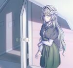  1girl absurdres an-94_(girls&#039;_frontline) blue_eyes bow doorway dress eyebrows_visible_through_hair girls&#039;_frontline green_dress hair_bow highres long_hair long_sleeves mkhaggar open_door silver_hair solo standing white_bow 
