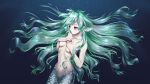  1girl absurdres adi_b.g. breasts collarbone covering covering_breasts english_commentary finana_ryugu floating_hair green_hair hands_on_own_breasts head_fins highres long_hair looking_ahead medium_breasts mermaid monster_girl monsterification navel nijisanji nijisanji_en purple_eyes underwater very_long_hair virtual_youtuber 