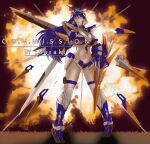  1girl absurdres artist_name bikini black_bikini blue_hair breasts cleavage commission english_commentary explosion floating_hair glowing glowing_eyes gundam gundam_astray_blue_frame_d gundam_seed gundam_seed_destiny gundam_seed_destiny_astray_b highres large_breasts long_hair mecha_musume metal_boots midriff navel parted_lips saraki_yukata smile solo swimsuit thigh_strap v-fin watermark 