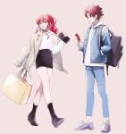  1boy 1other airpods backpack bag brown_eyes ear_piercing earrings faulkner_anne full_body grey_background highres jewelry long_hair long_sleeves nyamnyam0502 pants paradox_live piercing ponytail red_eyes red_hair short_hair sugasano_allen wireless_earphones 