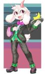  &lt;3 2_horns absurd_res anthro banana black_suit blush bovid bow_tie butler caprine clothing cute_fangs deltarune dress_pants eyewear floppy_ears fluffy fluffy_tail food fruit fur glasses goat hi_res holding_tray horn male mammal open_mouth pink_eyes pink_horn plant psibunny ralsei serving_tray solo suit undertale_(series) video_games white_body white_fur 