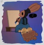  3_toes ambiguous_gender anthro brown_body brown_fur clothing electricsnowfox feet foot_focus fur kneeling lagomorph legwear leporid looking_at_viewer looking_back mammal painting rabbit soles solo toes topwear 