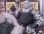  1boy animal_ears arknights bara belt black_tank_top bulge couch cup drinking_glass english_commentary feet_out_of_frame furry furry_male large_pectorals looking_at_viewer making-of_available male_focus mountain_(arknights) muscular muscular_male on_couch paid_reward_available pants pectorals phy_sen scar scar_across_eye scar_on_face short_hair sidepec sitting solo spread_legs tank_top thick_thighs thighs tiger_boy tiger_ears white_fur white_hair white_pants wine_cellar wine_glass 