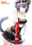  1girl absurdres animal_ears arknights bandeau bangs bare_shoulders black_skirt blue_hair breasts cat_ears cat_tail character_name chinese_commentary cleavage commentary_request cowboy_shot elbow_gloves eyebrows_visible_through_hair gloves goggles goggles_on_head green_belt hair_between_eyes highres holding holding_wrench jewelry lewenxijian looking_at_viewer medium_breasts miniskirt necklace pleated_skirt red_gloves rockrock_(arknights) short_hair simple_background skirt solo standing tail vest white_background white_vest wrench yellow_eyes 