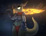  amber_(squablodecomplash) anthro armor belly big_sword breasts clothed clothing dark_souls digital_media_(artwork) eyelashes eyeshadow female fromsoftware glowing_weapon head_markings horn horn_markings kobold makeup mammal markings melee_weapon navel red_clothing scalie scarf simple_background solo squablodecomplash sword tail_markings underwear video_games weapon white_eyes 