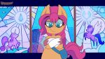  animated ankha_zone bag blue_eyes braided_hair earth_pony equid equine eyebrows hair hasbro hooves horse leg_markings mammal markings meme messenger_bag mlp_g5 my_little_pony pony purple_hair raised_eyebrow saveraedae smile socks_(marking) solo stained_glass sunny_starscout_(mlp) 