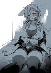  1girl after_masturbation against_wall animal_ears arknights bed_sheet blonde_hair blush braid breasts closed_eyes collarbone collared_shirt covered_navel ears_down facing_viewer hair_ribbon highres jacket kroos_(arknights) kroos_the_keen_glint_(arknights) large_breasts leaning_back long_sleeves monochrome off_shoulder on_bed open_clothes open_fly open_jacket open_mouth open_shirt pillow pussy_juice rabbit_ears ribbon shirt short_shorts shorts sitting solo spot_color thick_thighs thighhighs thighs yukataro 