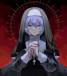  1girl alternate_costume ayanami_rei bangs blue_hair commentary cross cross_necklace dango_404 expressionless habit hair_between_eyes halo hands_up high_collar highres holding holding_jewelry holding_necklace jewelry looking_at_viewer necklace neon_genesis_evangelion nun own_hands_clasped own_hands_together red_background rosary short_hair solo upper_body 
