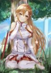  1girl absurdres adjusting_hair armor asuna_(sao) belt belt_buckle blurry braid breastplate brown_eyes brown_hair buckle depth_of_field focus_blur french_braid grass highres light_smile long_hair outdoors seiza sitting skirt solo sword sword_art_online syukuhuku_0 tree very_long_hair weapon windmill 