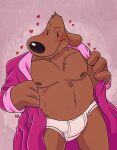  &lt;3 anthro blush briefs brown_body brown_fur bulge canid canine canis clothing domestic_dog fur hi_res male mammal nipples pretzelgremlin robe sam_and_max samuel_dog smile smirk solo suggestive_look tighty_whities underwear undressing white_clothing white_underwear 