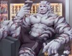  1boy abs animal_ears arknights bara belt black_male_underwear boxers bulge couch cup drinking_glass english_commentary erection erection_under_clothes feet_out_of_frame furry furry_male large_pectorals looking_at_viewer making-of_available male_focus male_underwear mountain_(arknights) muscular muscular_male navel nipples on_couch paid_reward_available pectorals phy_sen scar scar_across_eye scar_on_face short_hair sitting solo spread_legs stomach thick_thighs thighs tiger_boy tiger_ears topless_male underwear underwear_only white_fur white_hair wine_cellar wine_glass 