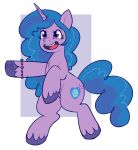  blue_hair blue_tail bracelet chest_tuft cutie_mark eyelashes female feral hair hasbro hooves horn izzy_moonbow_(mlp) jewelry lulubell mlp_g5 my_little_pony my_little_pony:_tell_your_tale purple_body purple_eyes smile solo tuft 