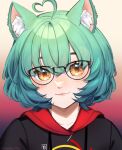  1girl absurdres ahoge animal_ears cat_ears cat_girl commentary english_commentary girl_dm glasses green_hair hair_between_eyes heart_ahoge highres hood hood_down hoodie indie_virtual_youtuber kyaree looking_at_viewer short_hair solo twitter_username upper_body virtual_youtuber watermark yellow_eyes 